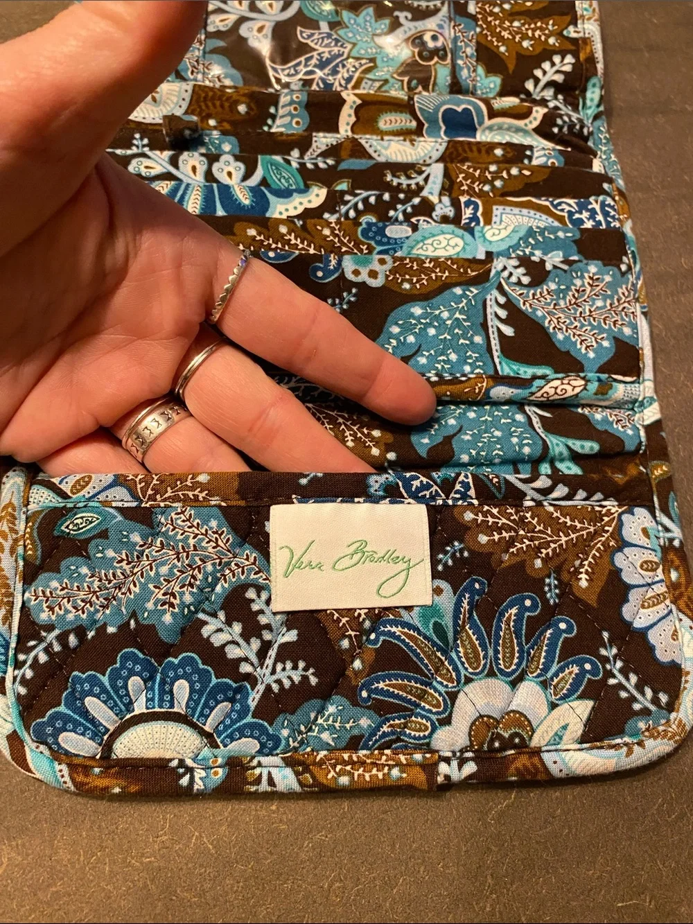 Vintage Vera Bradley Java Blue Trifold Wallet Quilted Cotton Brown Teal 7”x4”
